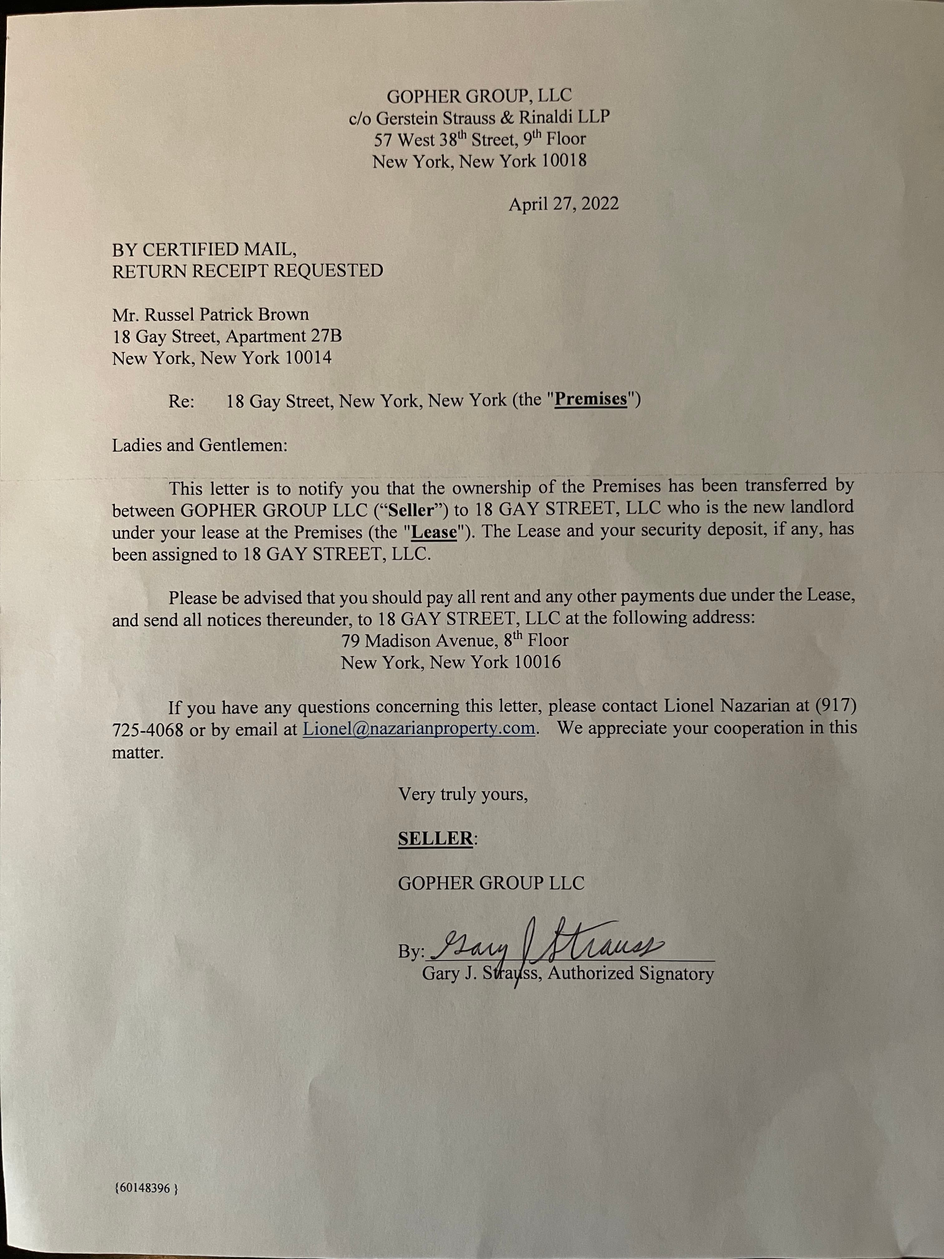 Ownership-transfer letter from Gopher Group LLC dated April 27, 2022, stating that 18 Gay Street was transferred to 18 Gay Street LLC