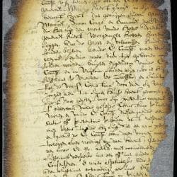 Page from a seventeenth-century Dutch colonial record displayed in the New York State Archives Land of the Blacks exhibit