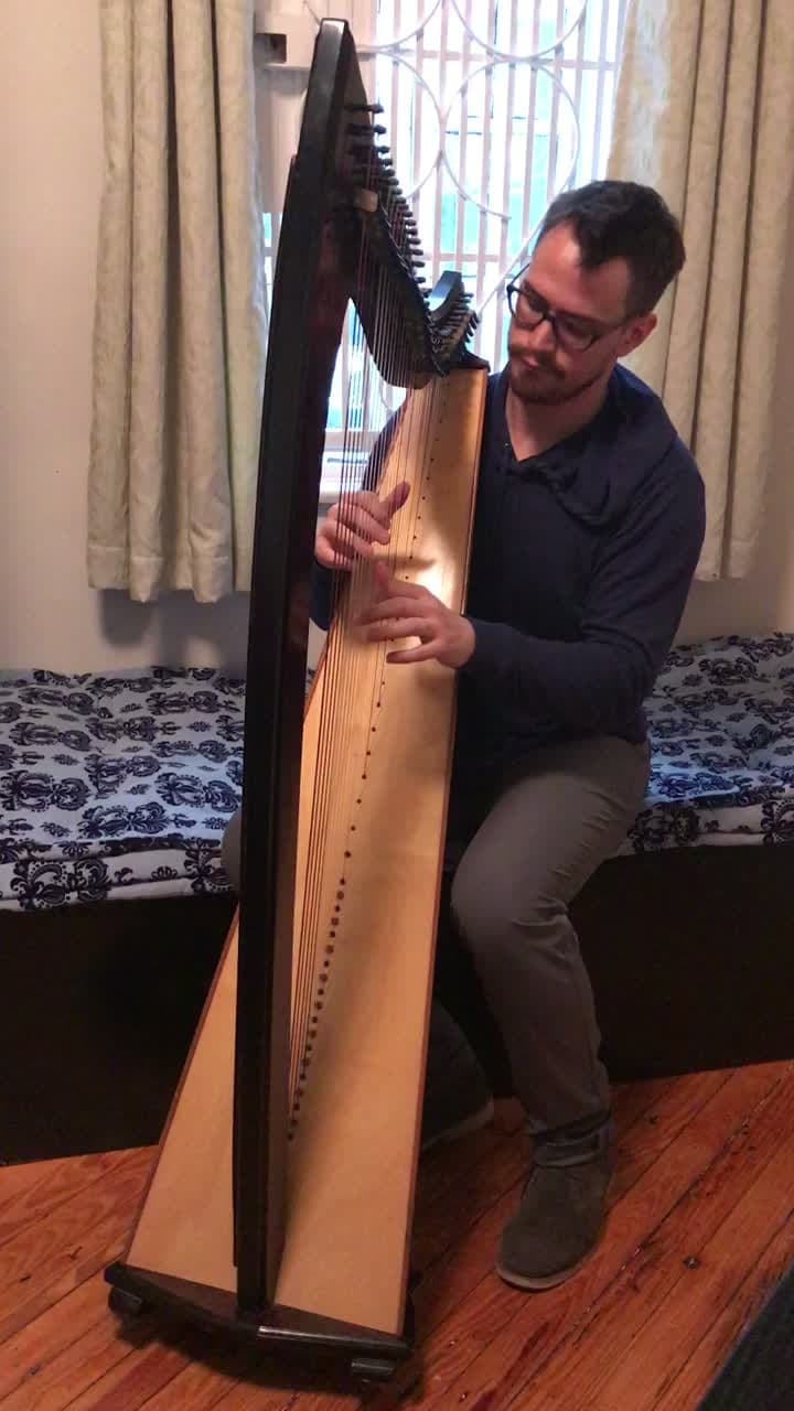 Brown playing the harp in his bedroom at 18 Gay Street, February 28, 2017