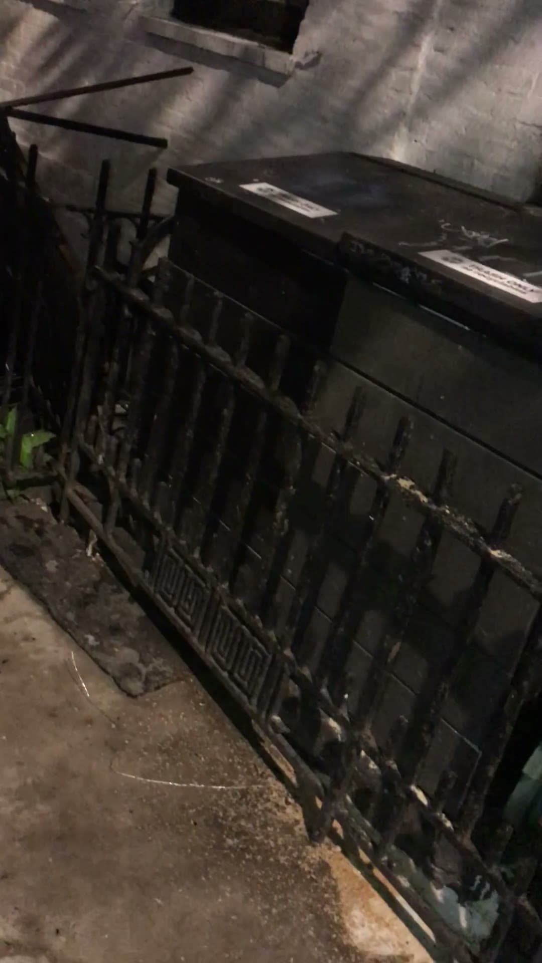 Night video frame showing torn garbage bags spilling trash beside the railings at 18 Gay Street and a rat on the stone step, May 6, 2020