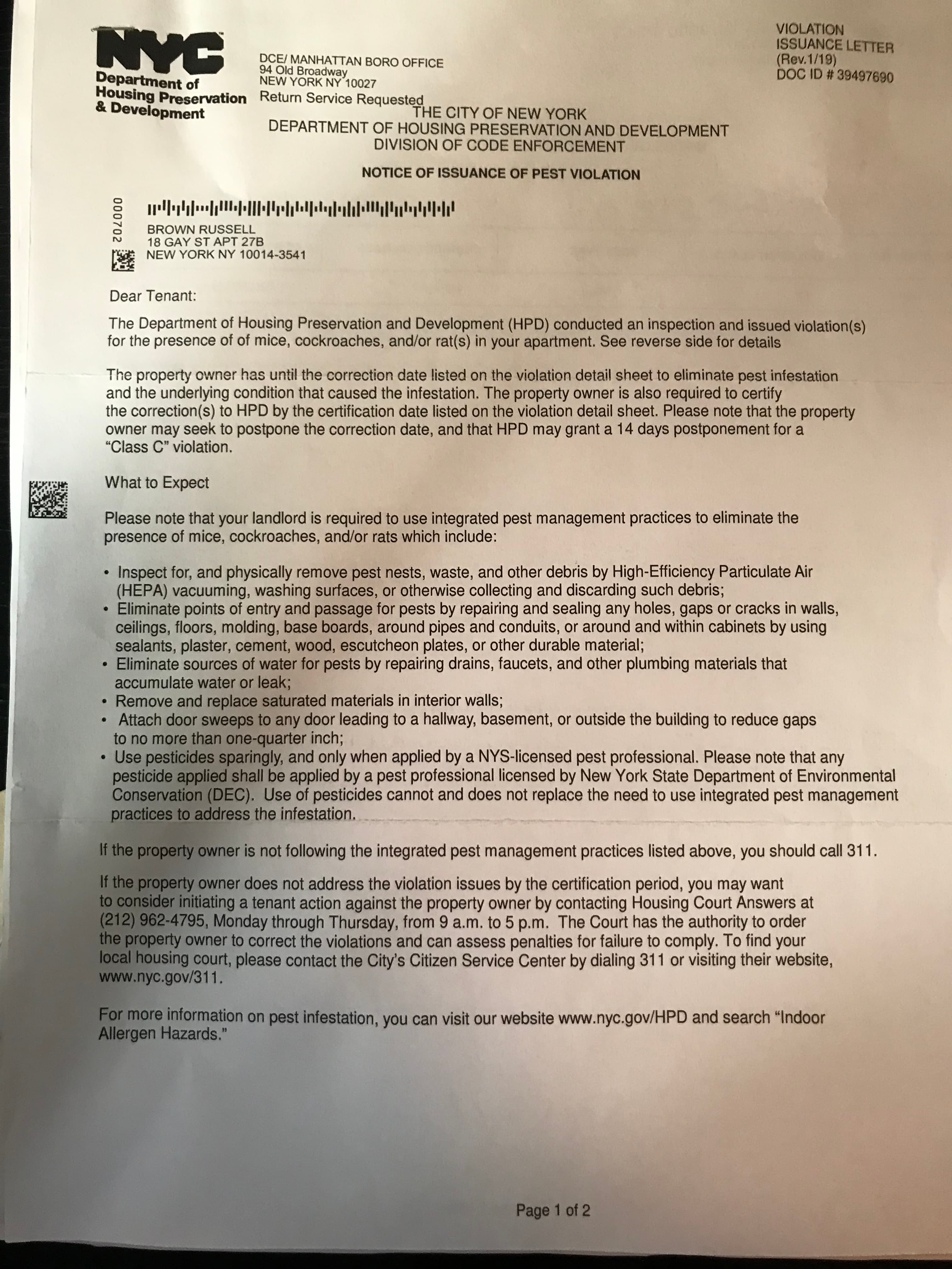 HPD Notice of Issuance of Pest Violation for 18 Gay Street Apartment 27B, August 12, 2021