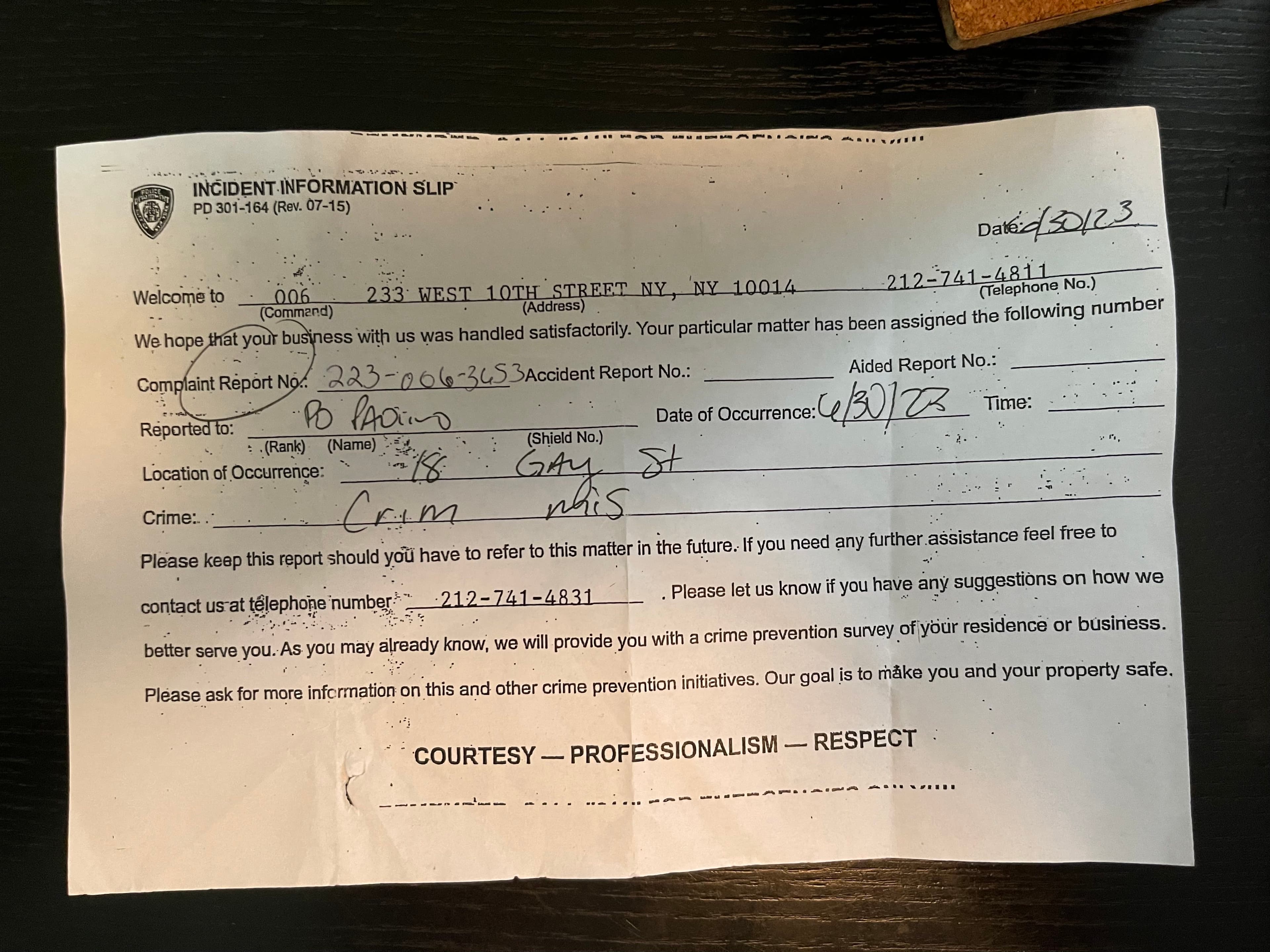 An NYPD Incident Information Slip from the 6th Precinct, complaint report 223-006-3453, recording criminal mischief at 18 Gay Street on June 30, 2023