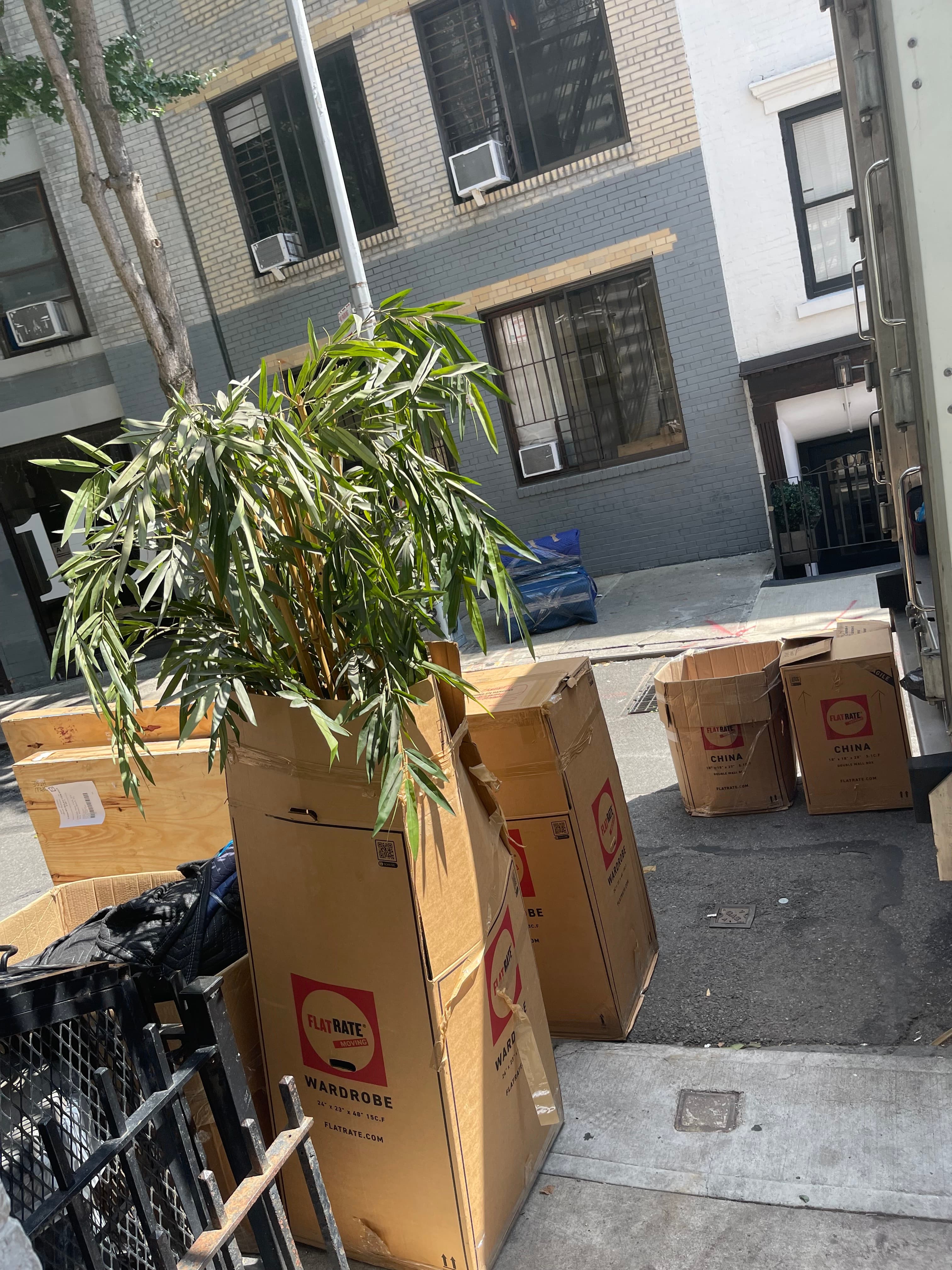 Movers' boxes on the sidewalk outside 18 Gay Street as the landlord's associates move in, August 2023
