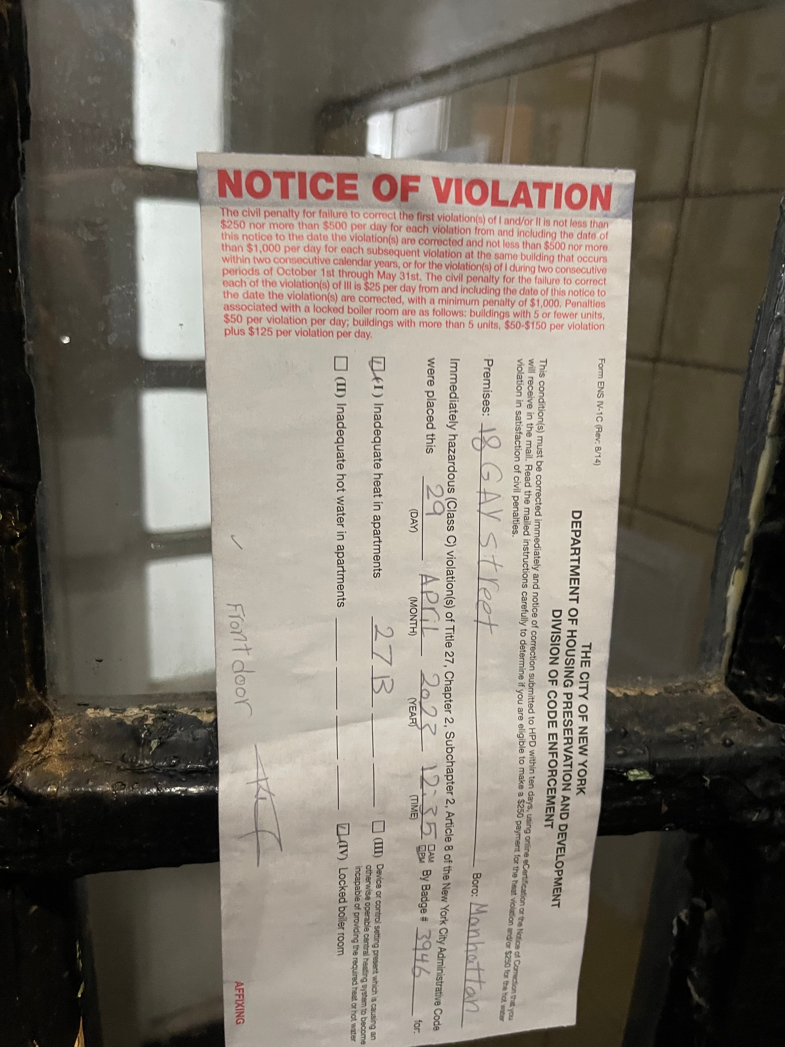 HPD Notice of Violation citing inadequate heat at 18 Gay Street, issued April 29, 2023