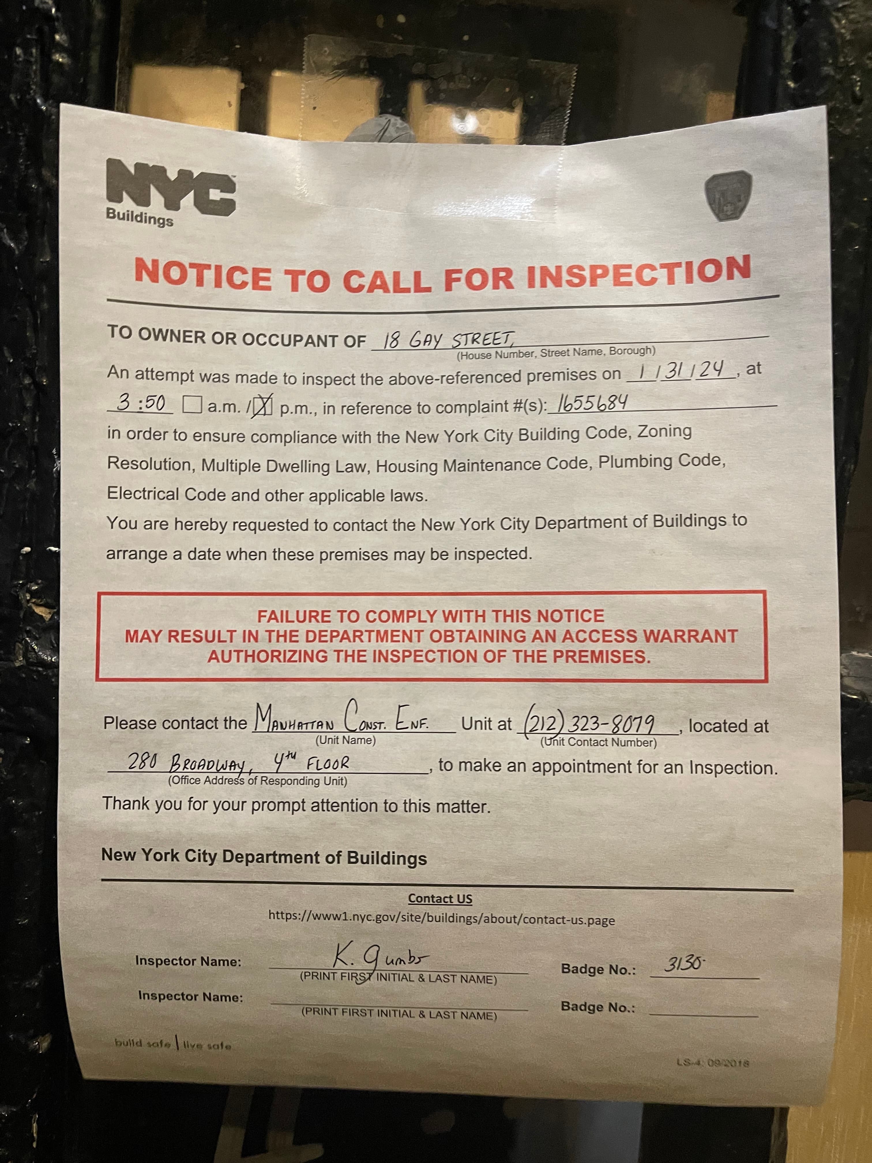 A DOB Notice to Call for Inspection taped to the door at 18 Gay Street, complaint #1655684, January 31, 2024