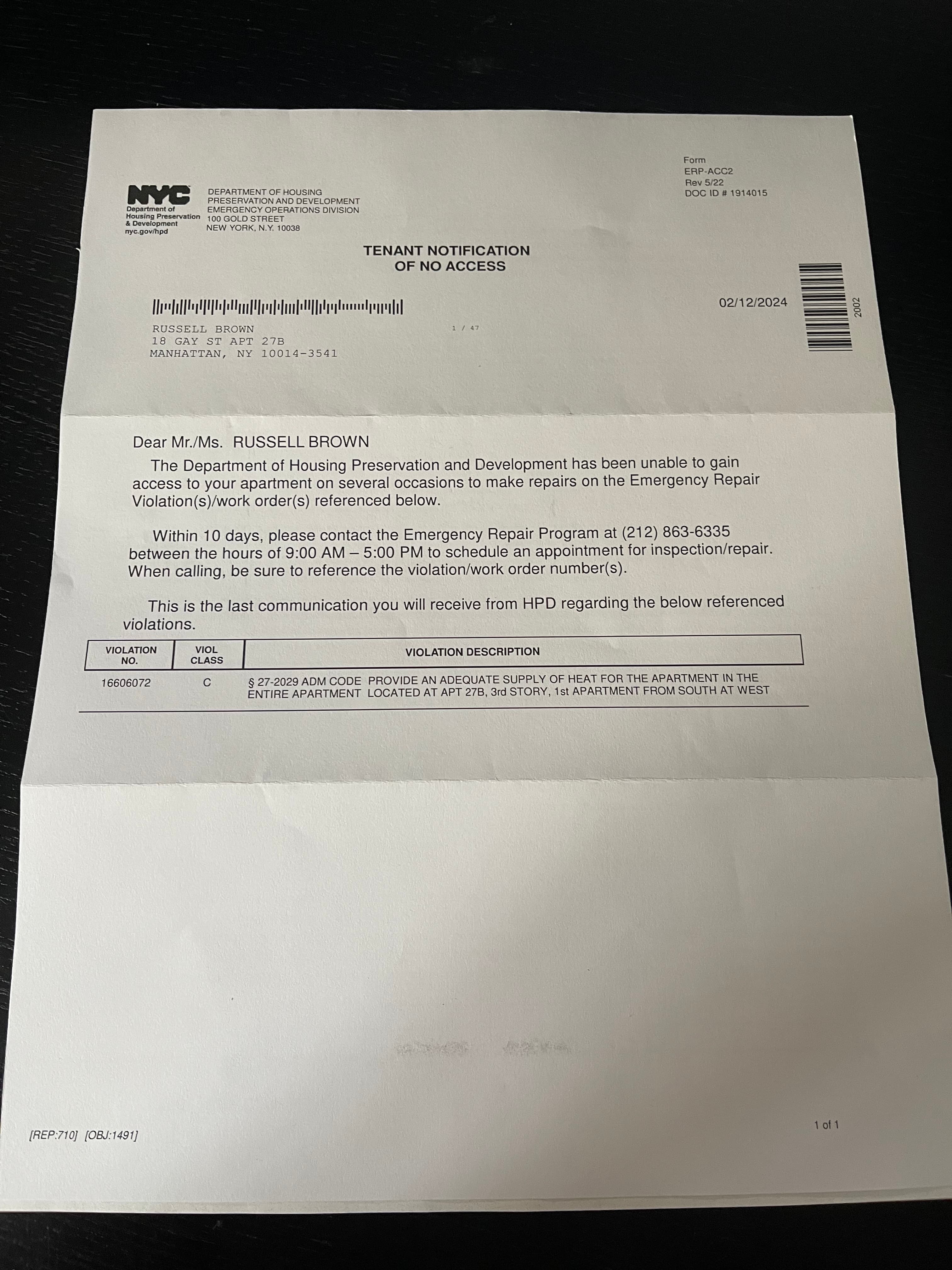 HPD Tenant Notification of No Access regarding open heat violation 1666072 at 18 Gay Street, dated February 12, 2024
