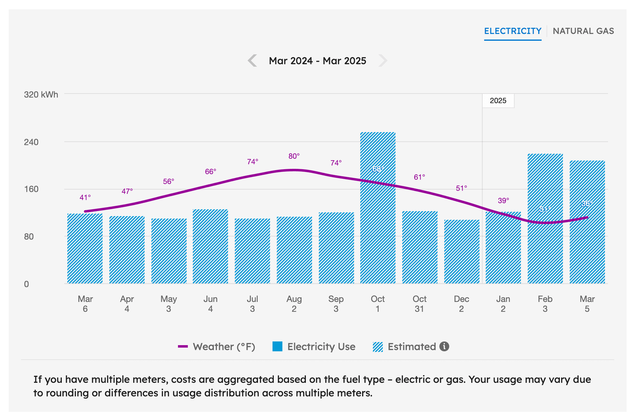 ConEd electricity usage chart for 18 Gay Street showing a sharp spike to roughly 240 kWh on February 3, 2025, while the temperature was 31°F