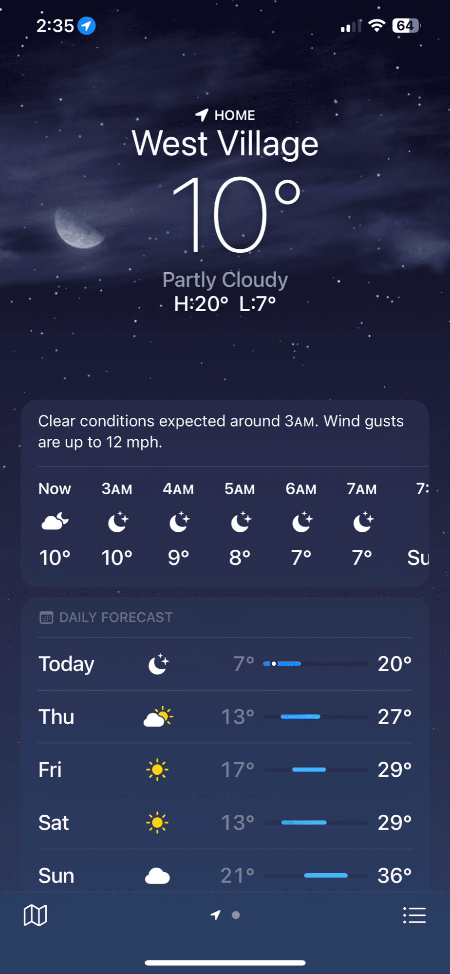 Weather app showing 10°F in the West Village on February 22, 2025
