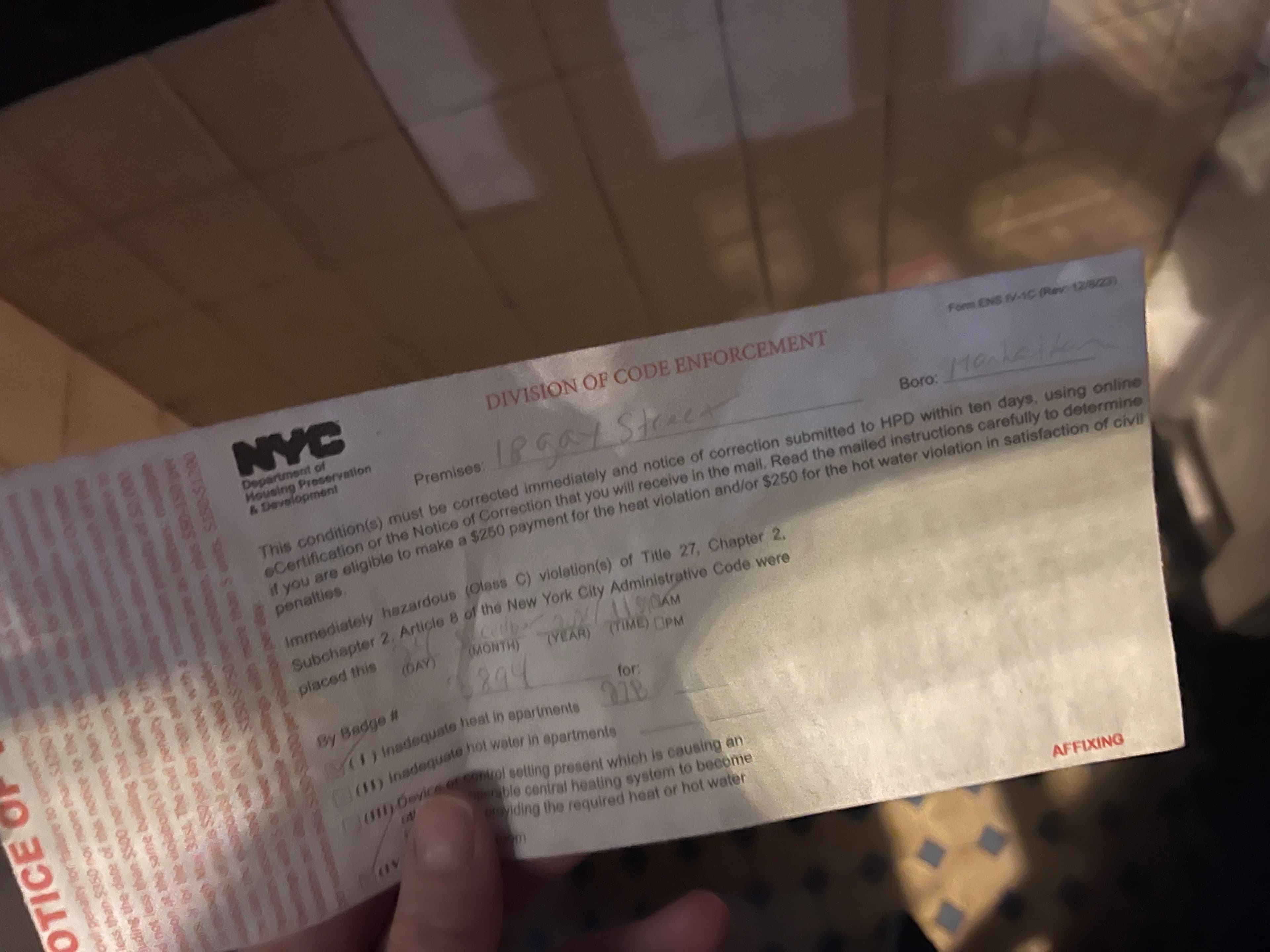 HPD Notice of Code Enforcement citing inadequate heat and hot water at 18 Gay Street, placed February 3, 2025