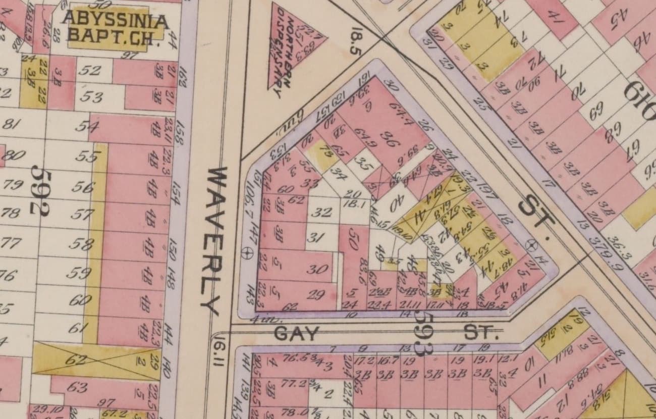 Historic tax map of Manhattan Block 593 — the wedge of lots fronting Gay Street and Christopher Street, including the parcels at 14–18 Gay Street and 16–20 Christopher Street